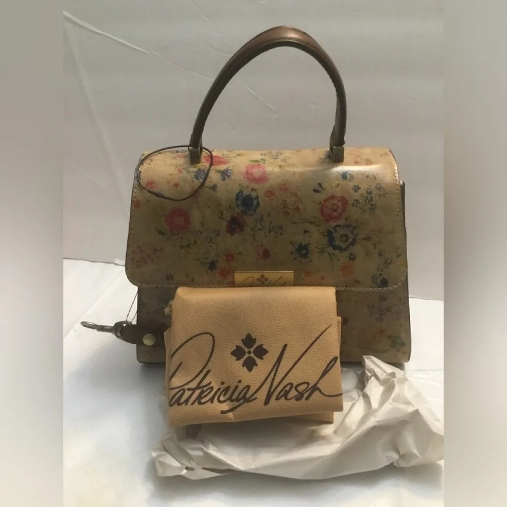 Floral Print Top-Handle Bag in Beige with Gold Hardware